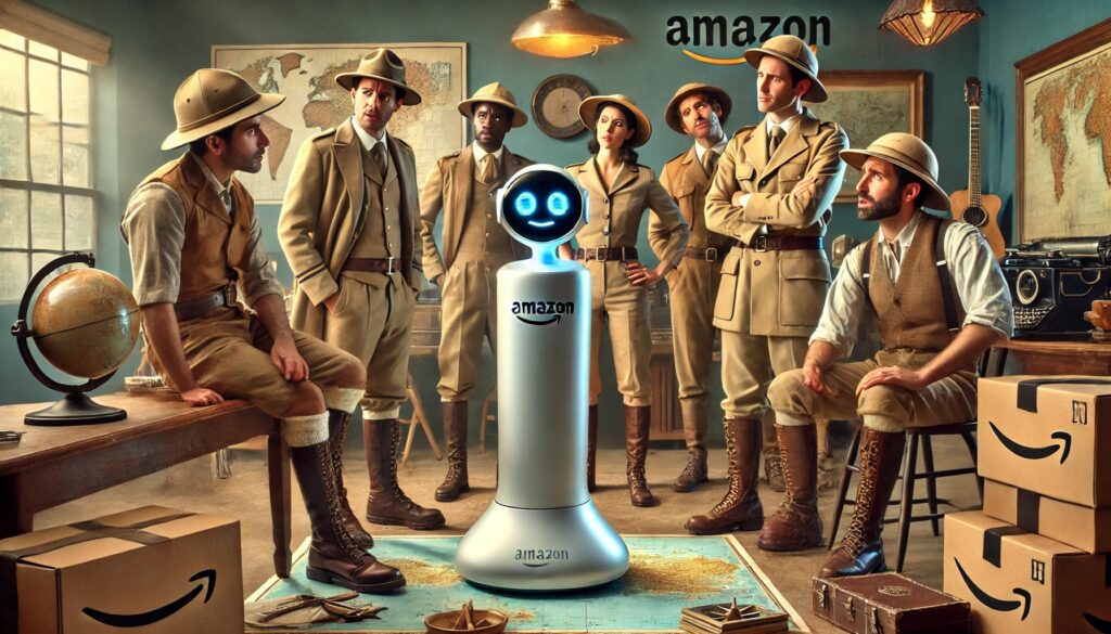 midcentury explorer-style Amazon sellers looking puzzled at an AI robot.