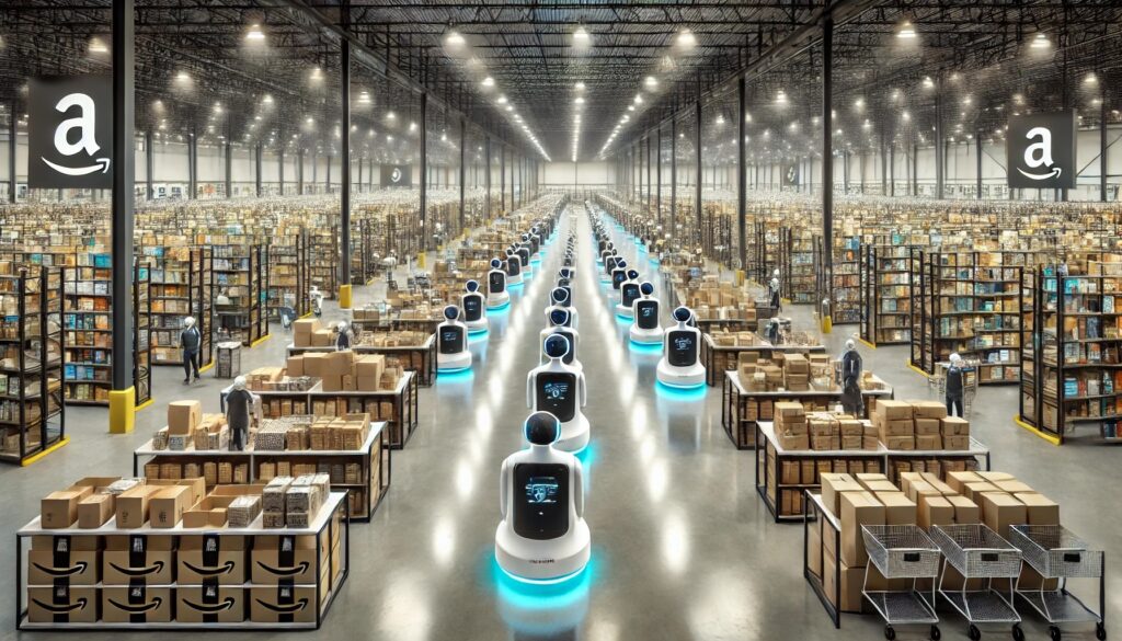 a large Amazon warehouse with AI robots moving inventory