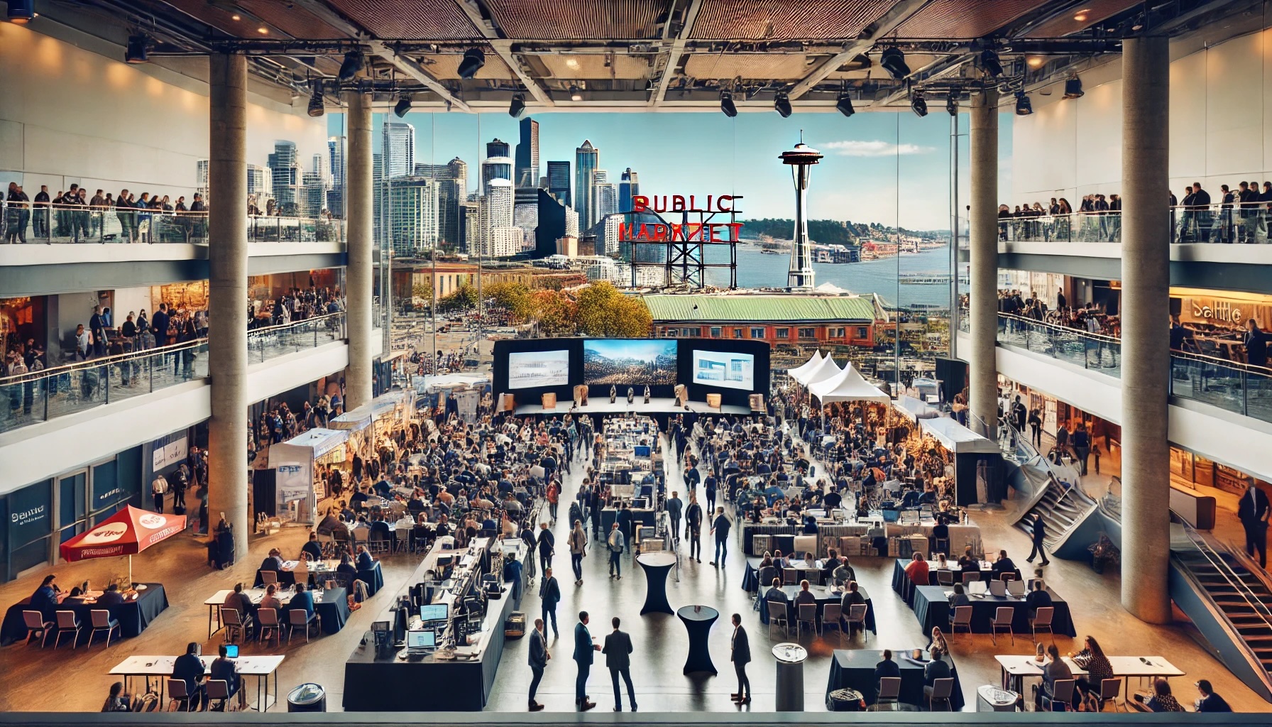 A large conference in Seattle with Pike Place Market and the Space Needle in the background