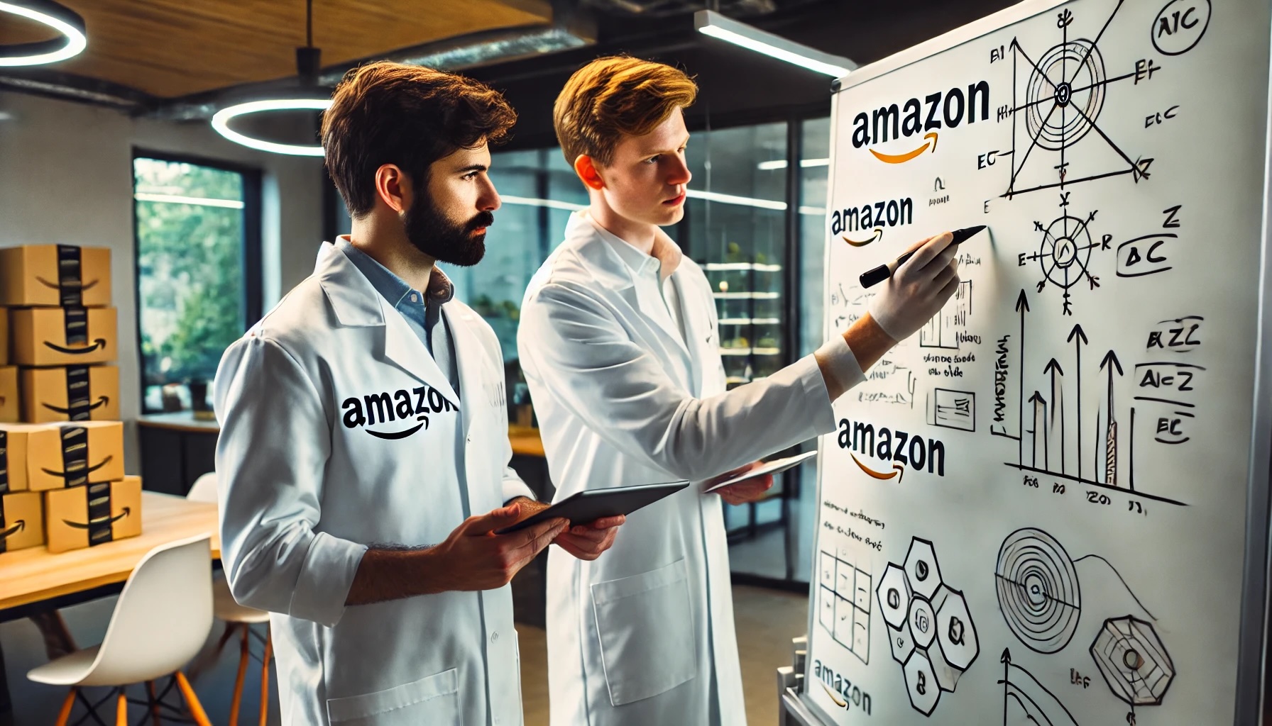 two scientists with Amazon logos on their lab coats, testing new strategies on a whiteboard.