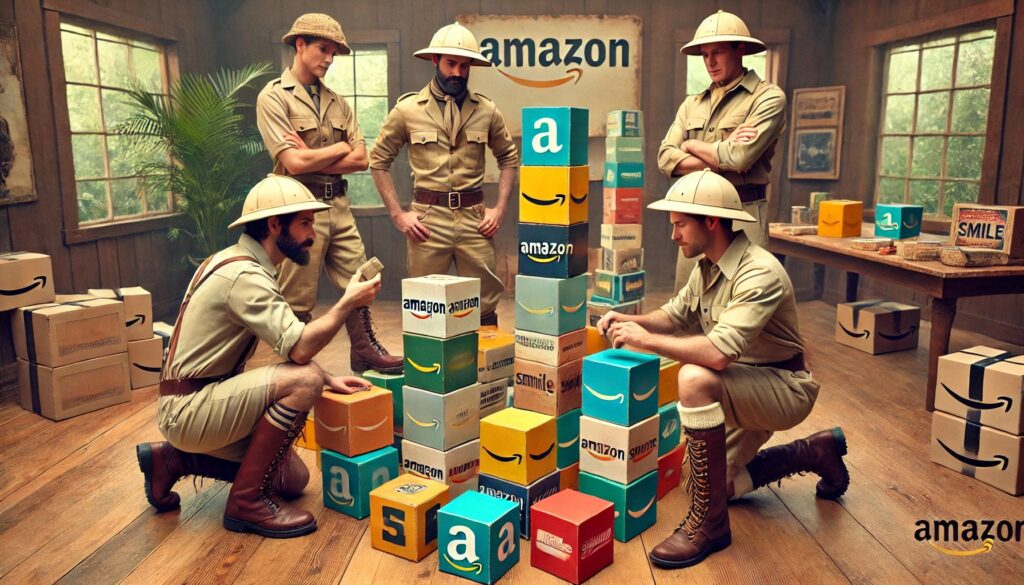 Amazon sellers building the tower in a midcentury explorer style,