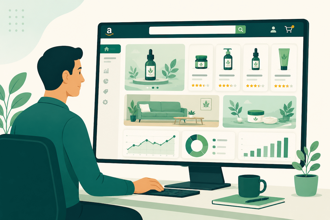 Illustration of an Amazon seller building a brand store strategy on a dashboard screen