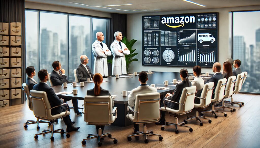 a board room full of executives listening to a presentation by the two amazon scientists 