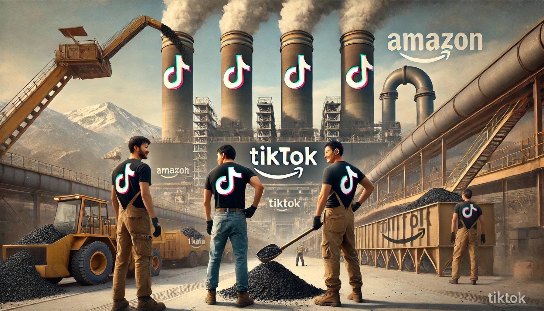 three workers in TikTok logo shirts shoveling coal into an Amazon-branded power plant