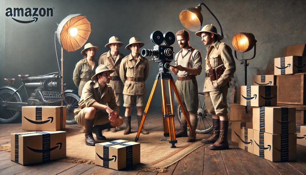 midcentury explorer-style Amazon sellers filming an Amazon product video with old-timey equipment