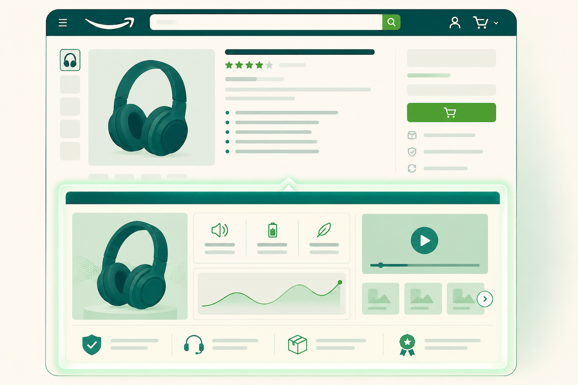 Illustration of a product detail page with the A+ Content section expanded below the bullet points