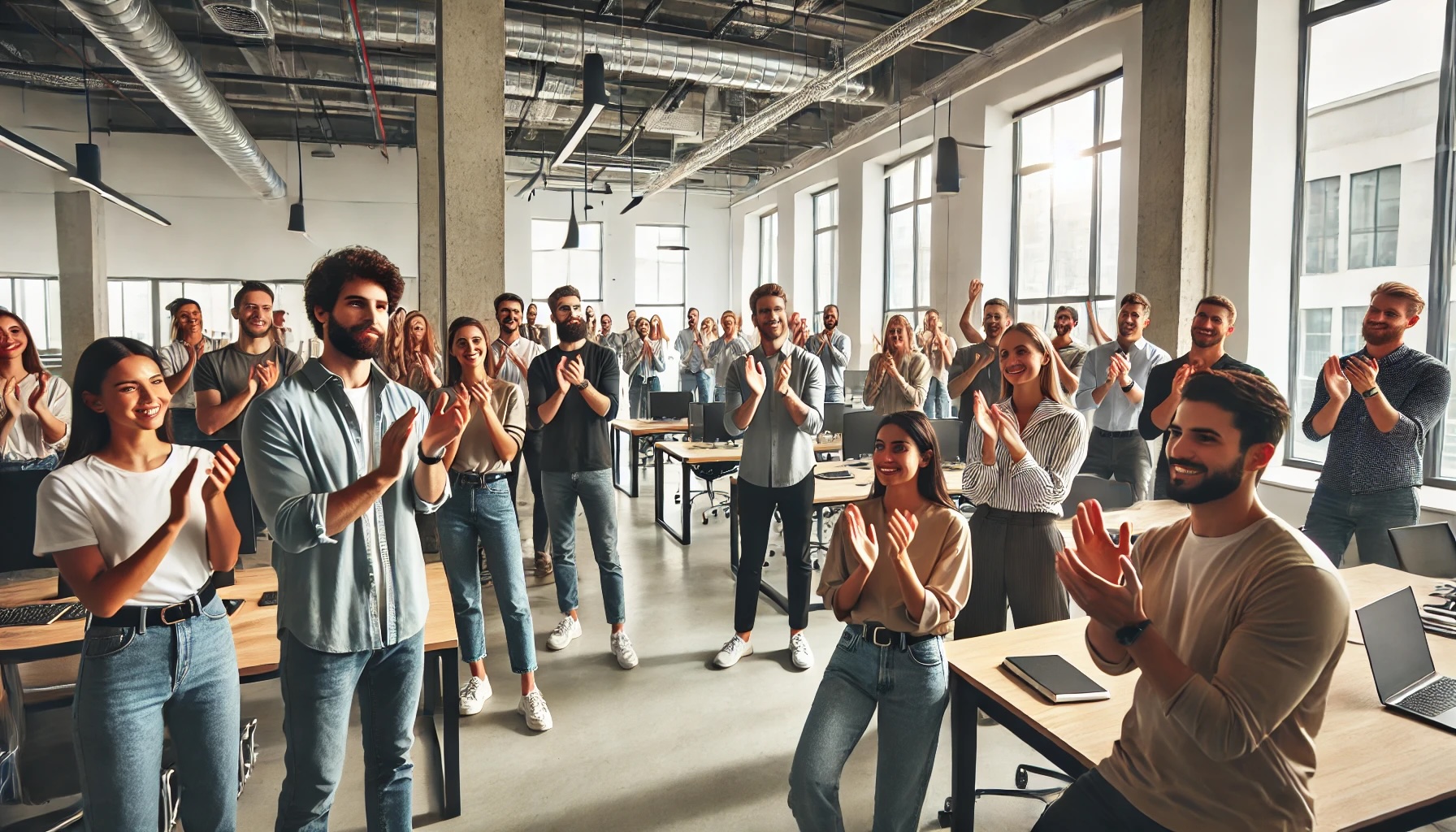 A room full of entrepreneurs applauding the promotion of a colleague