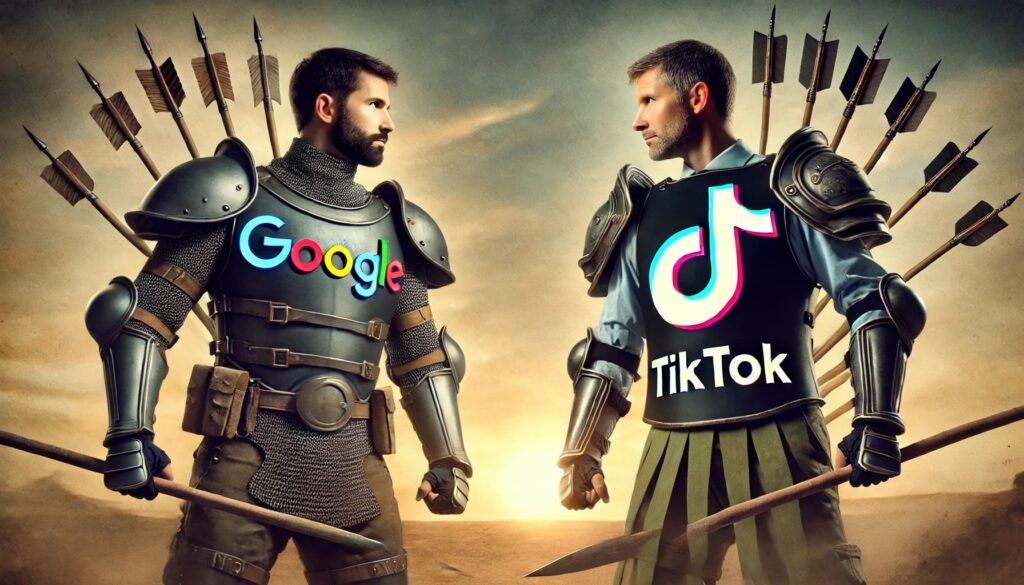  two entrepreneurs dressed for battle wearing uniforms of Google and TikTok 