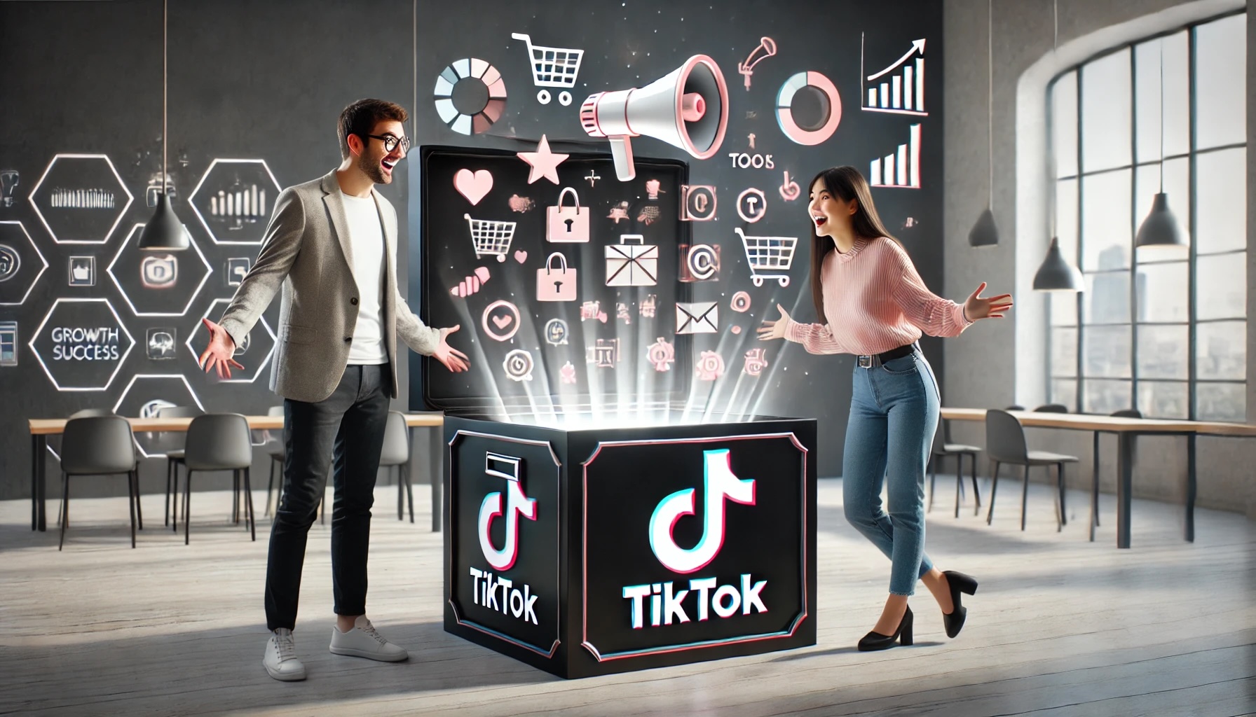 Two e-commerce entrepreneurs looking into a big toolbox with the TikTok logo