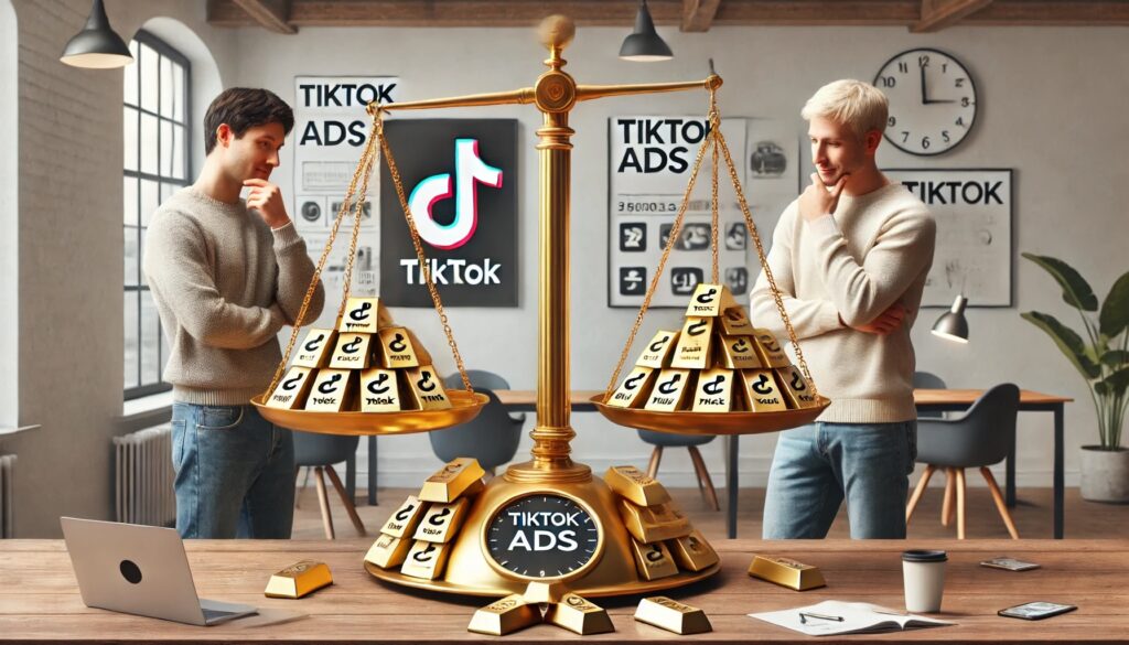 Two entrepreneurs and a balance-style scale weighing TikTok ads against gold bullion