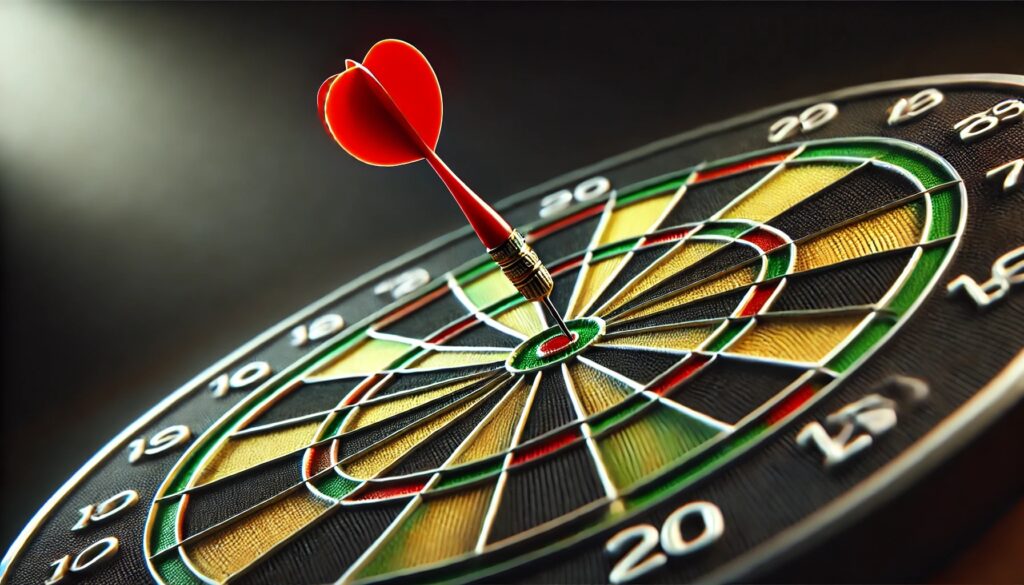 a dart hitting the bullseye on the dartboard, focusing on precision and detail