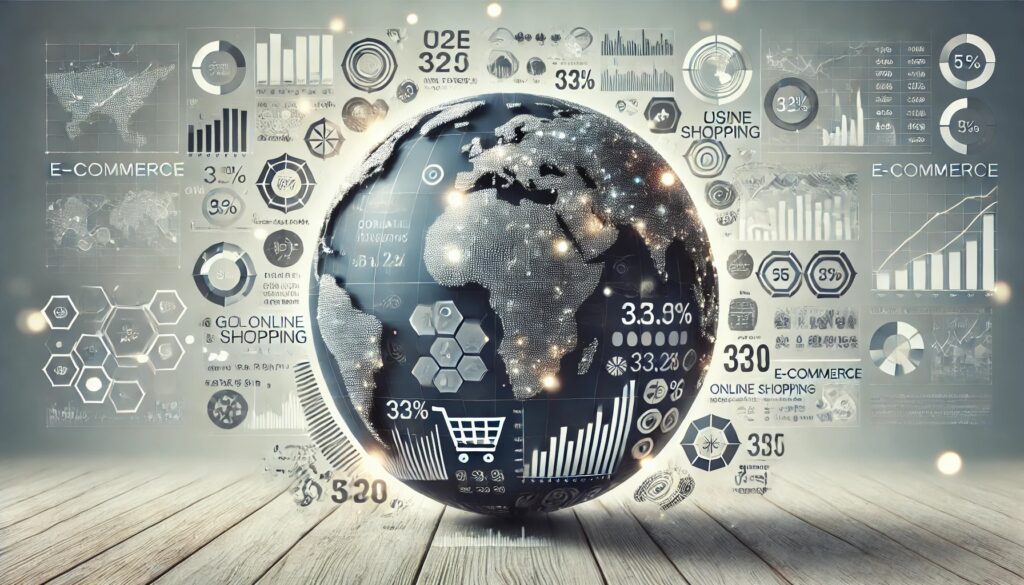 a globe with e-commerce statistics represented across various regions