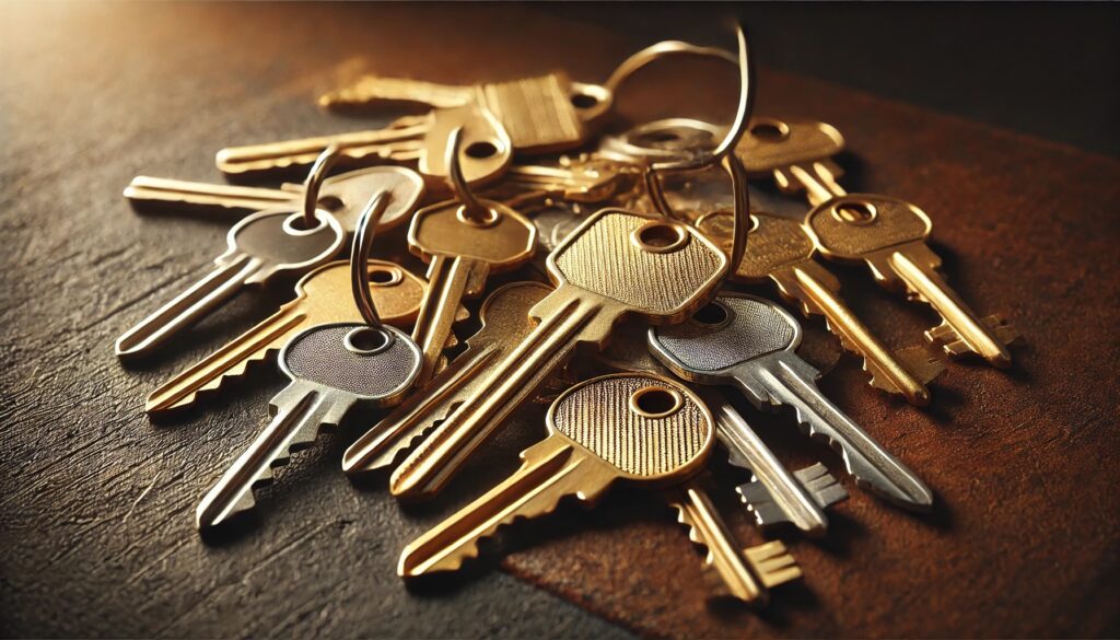 A close-up image of a pile of keys on a warm, textured background