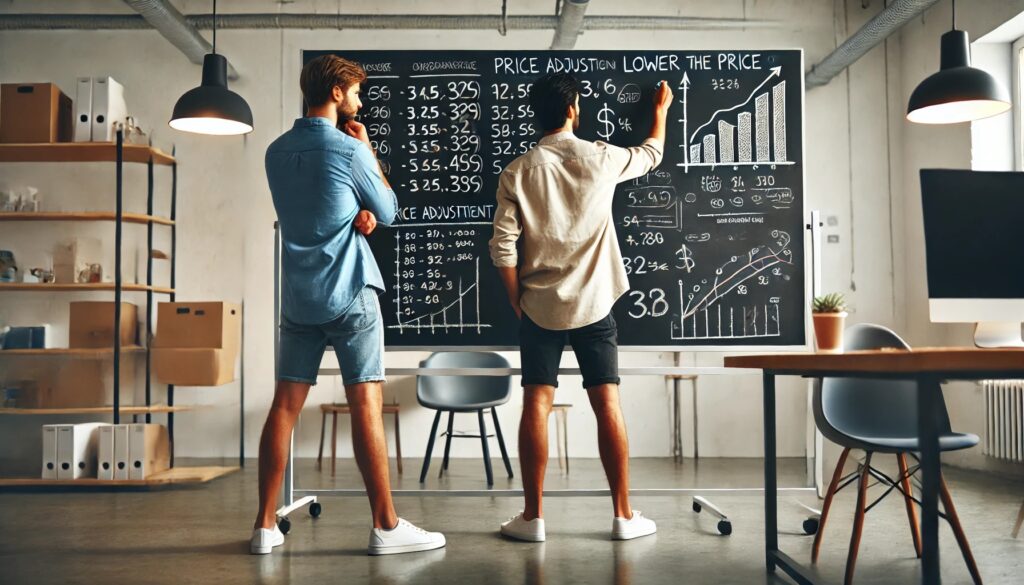 Two ecommerce sellers at a blackboard writing down graphs and formulas 