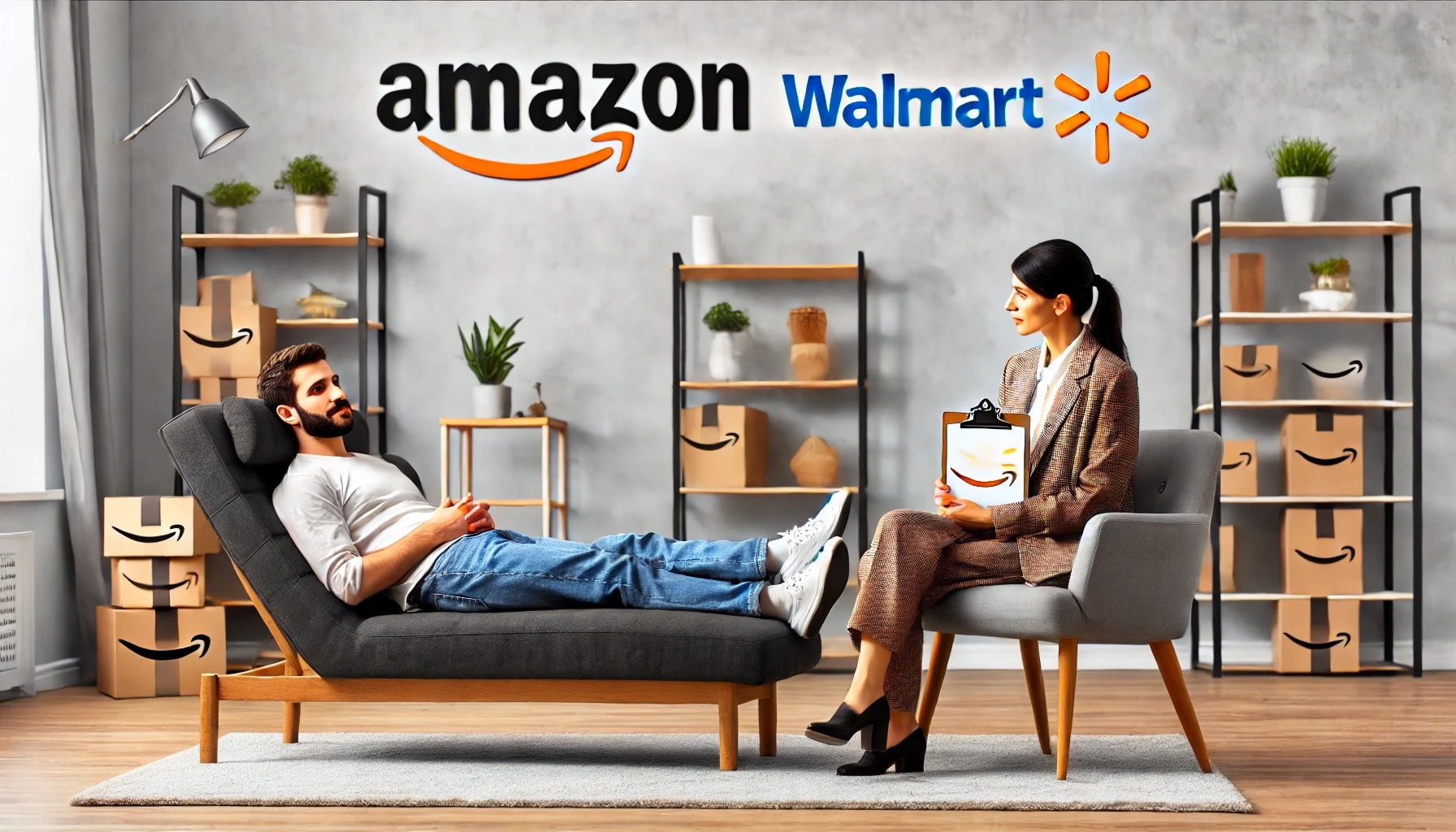 an e-commerce seller on a psychiatrist’s couch, with the therapist holding a clipboard displaying both Amazon and Walmart logos