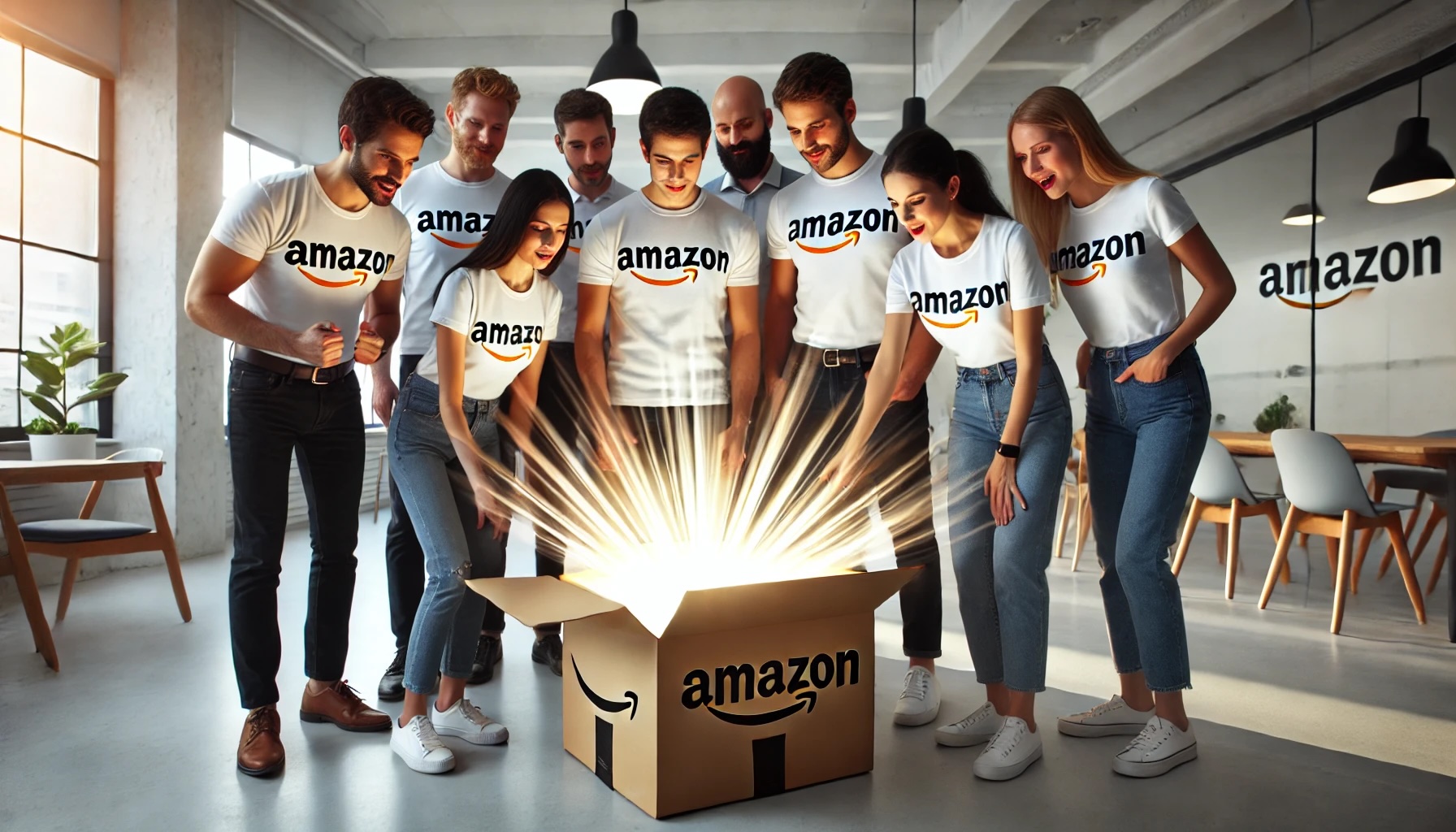 Amazon entrepreneurs opening a box with a burst of light coming out of it