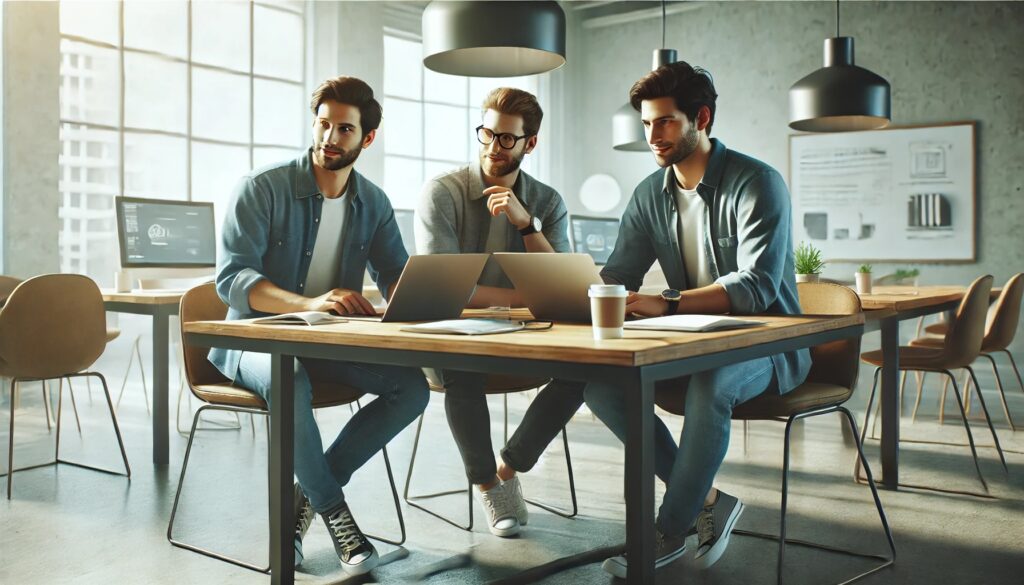 three entrepreneurs working together at a table in a modern office setting