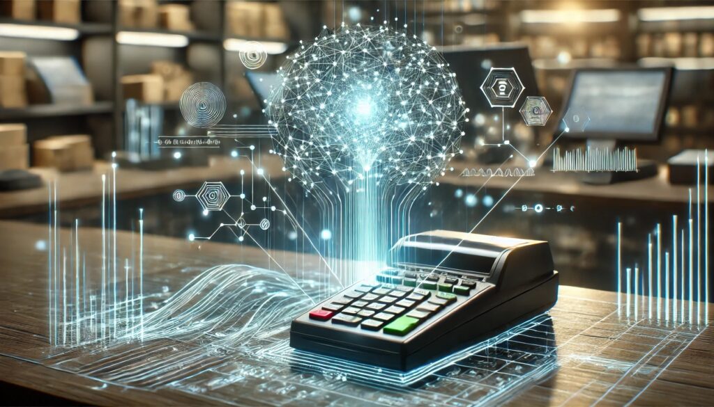 an advanced algorithm hovering over a modern cash register, symbolizing AI-driven sales analysis in a futuristic retail environment