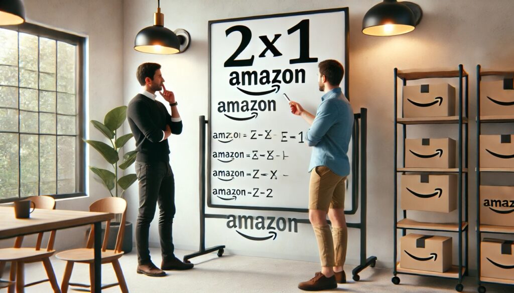 two Amazon sellers standing near a whiteboard with the formula "2x1" written on it, showcasing a collaborative and strategic work environment.