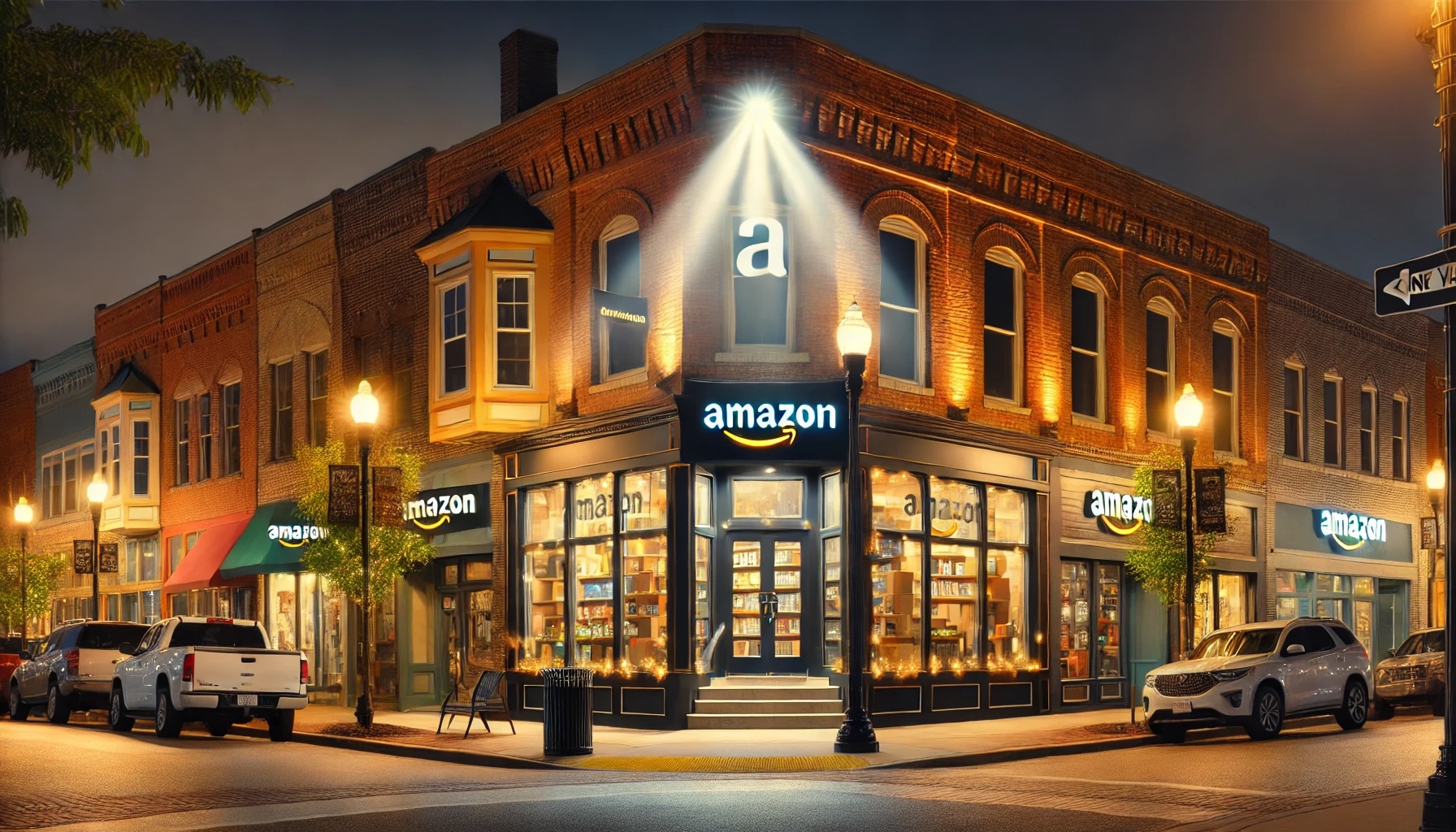 a small-town downtown at night, with a brightly lit spotlight on a storefront prominently displaying the Amazon log