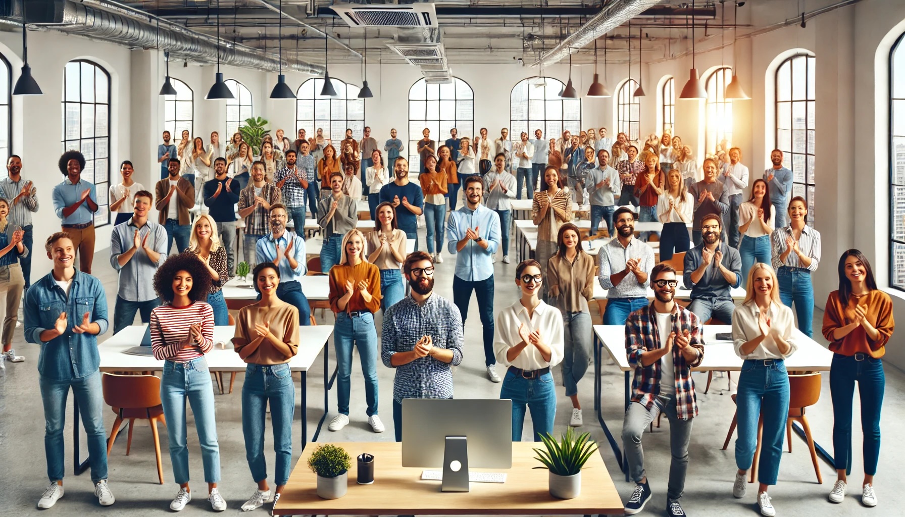 a modern office environment with people celebrating and applauding