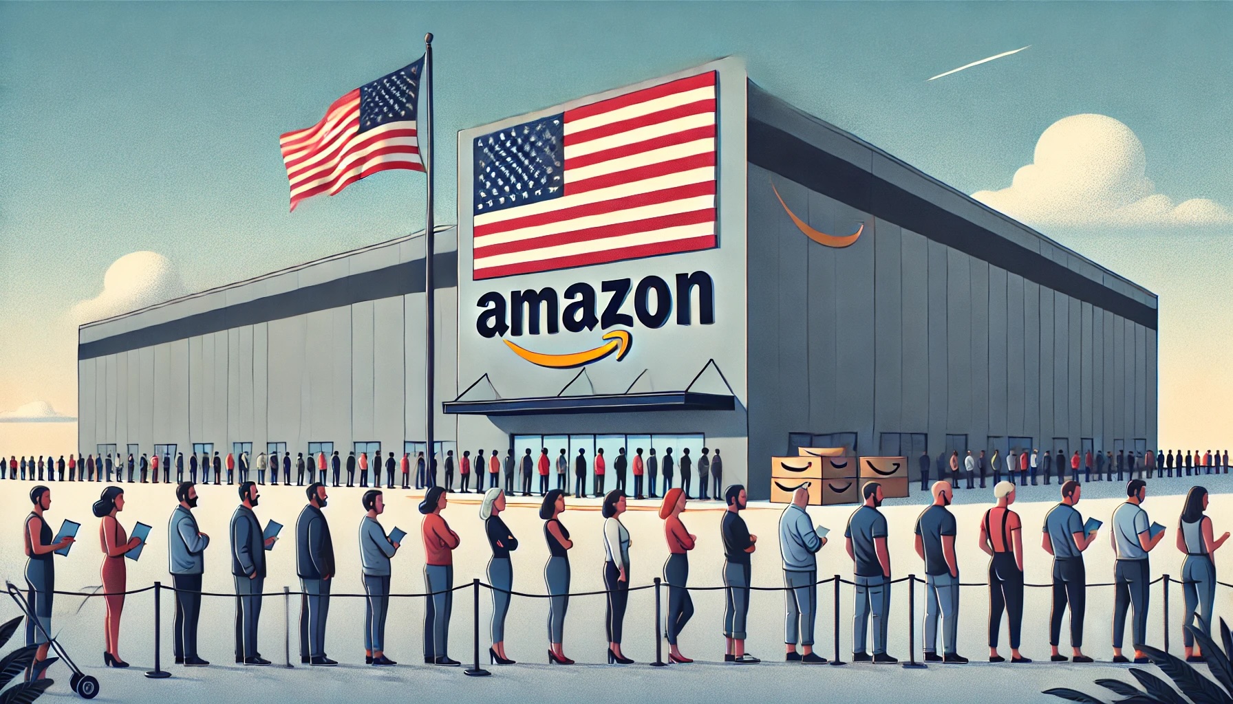 A large Amazon warehouse with a long line of voters outside, waiting to vote, with an American flag flying overhead