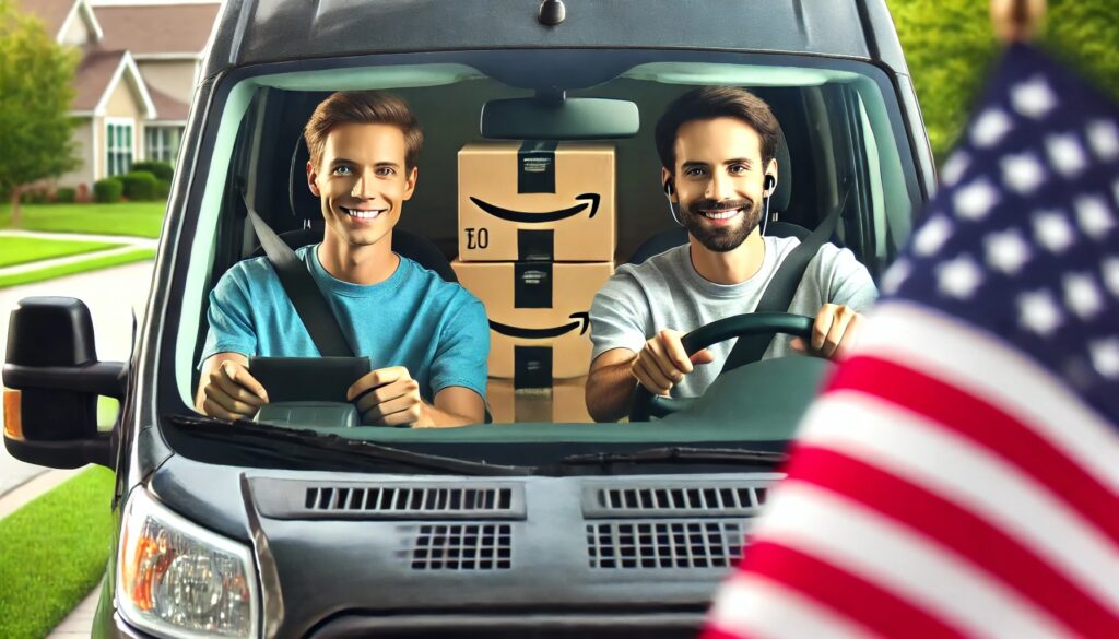 two ecommerce sellers driving an Amazon van with the American flag waving in the foreground 