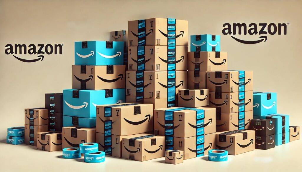 A stylized version of Amazon box stack, featuring an artistic and dynamic arrangement with Amazon branding