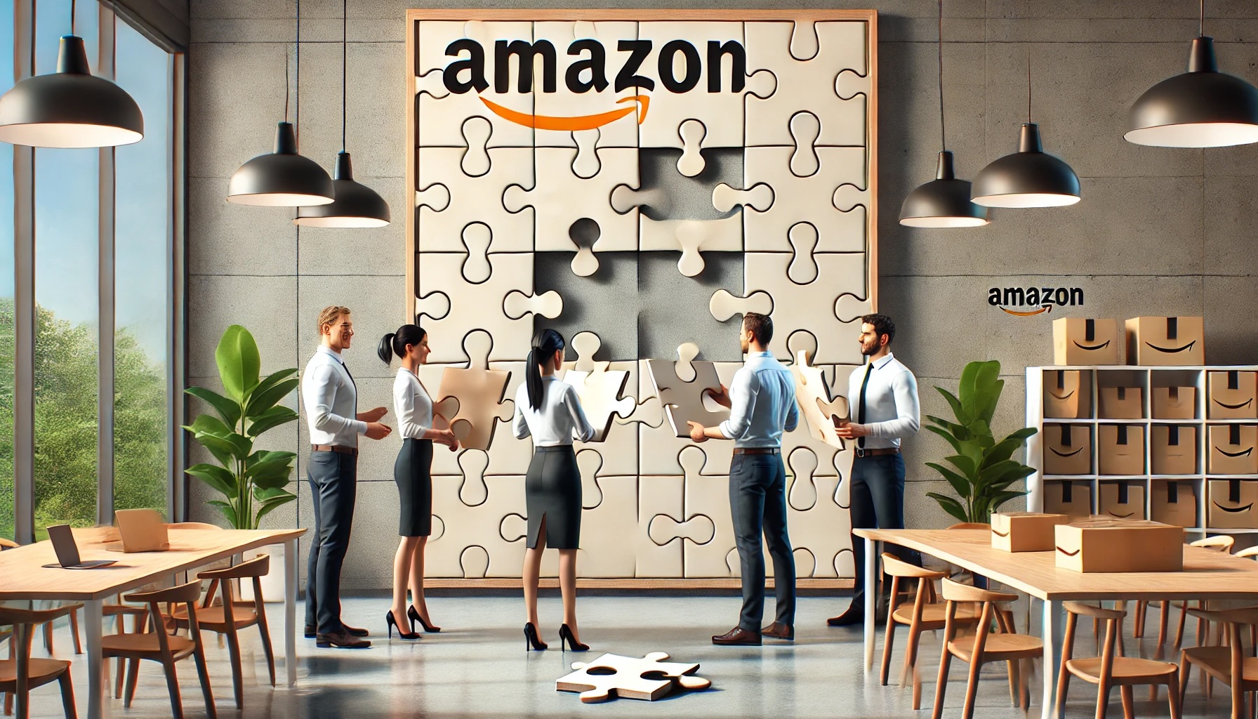 four realistic Amazon employees working together on the puzzle board, symbolizing organizational change