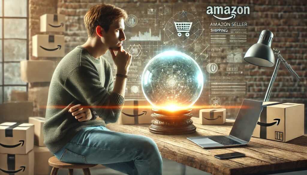  an Amazon seller looking into a glowing crystal ball in a modern office setting