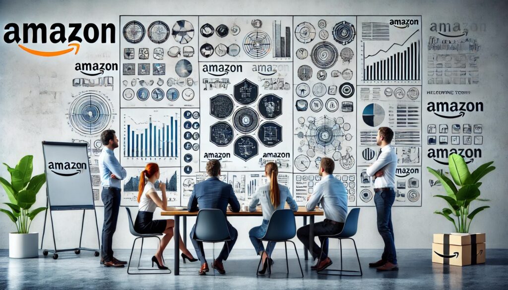 Four Amazon employees in business casual attire, gathered around a whiteboard displaying data and charts