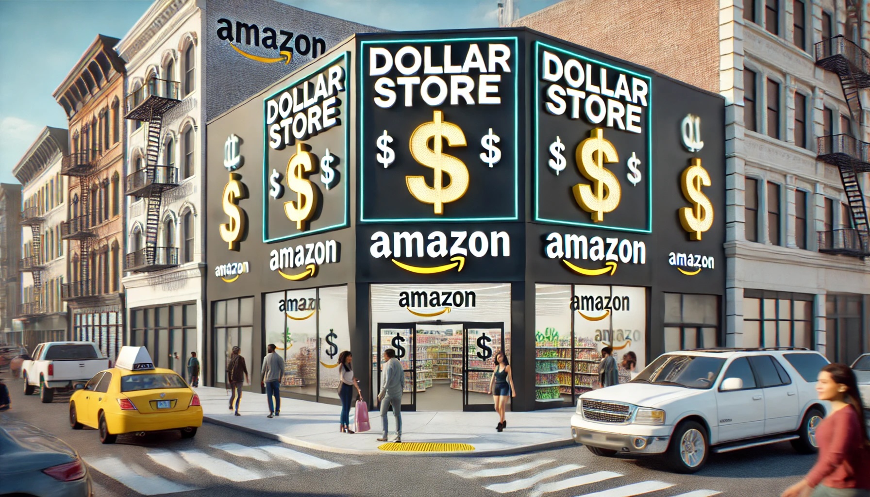 A downtown city street with an Amazon dollar store featured prominently on the corner