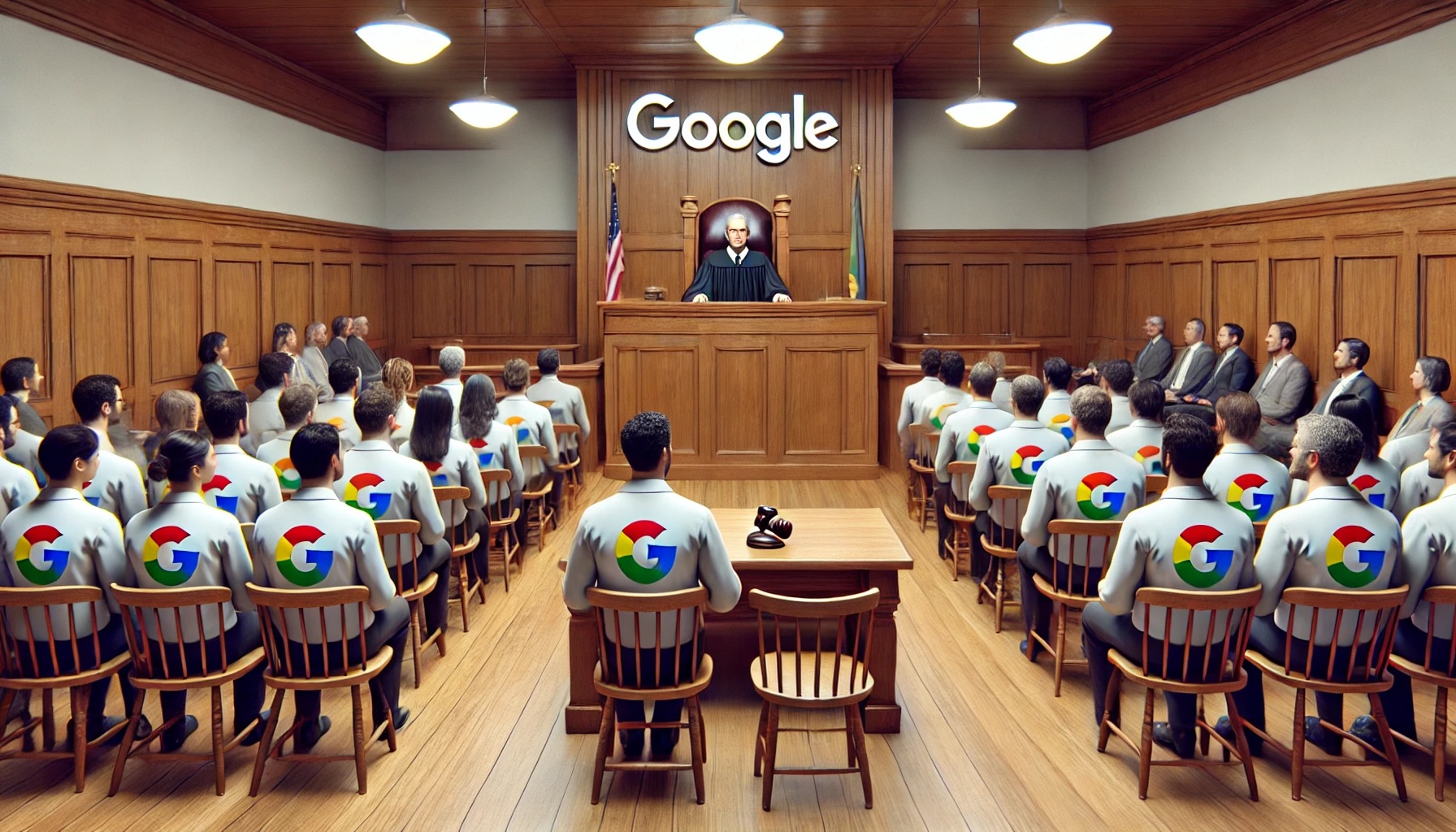 image of a courtroom scene featuring a judge with a group of individuals in the audience, some with Google-themed attire