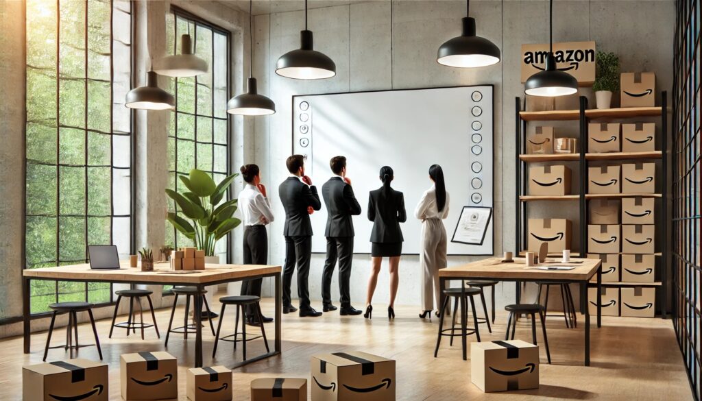 professionals gathered around a blank whiteboard in a modern office setting