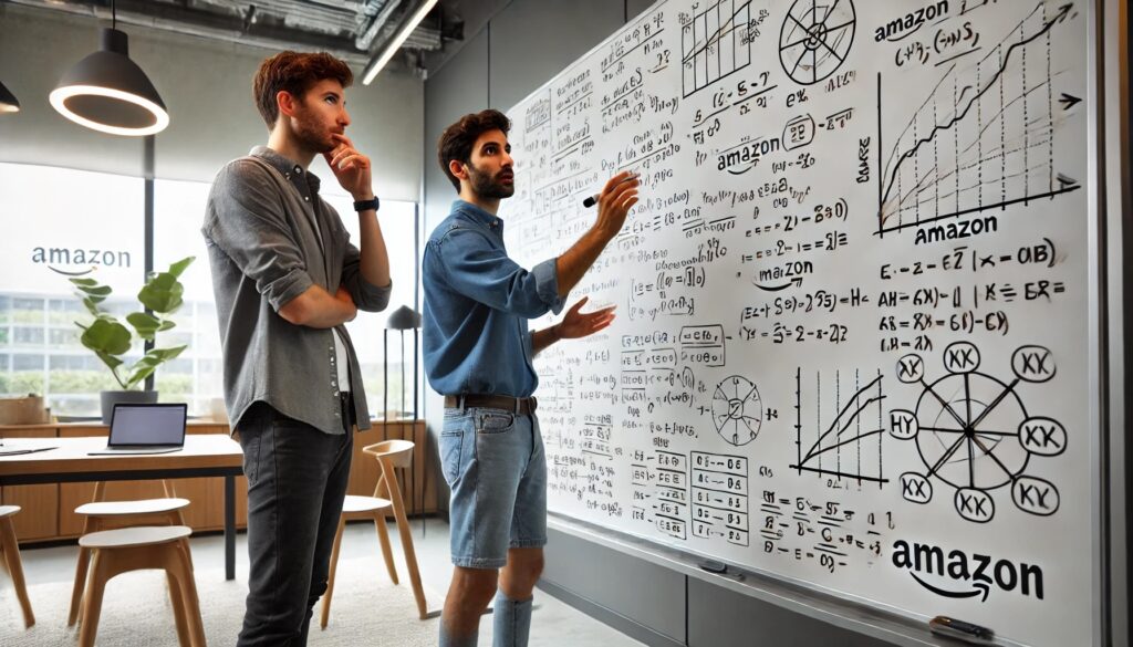  two Amazon sellers in a modern office setting, analyzing a whiteboard filled with a complex mathematical formula.