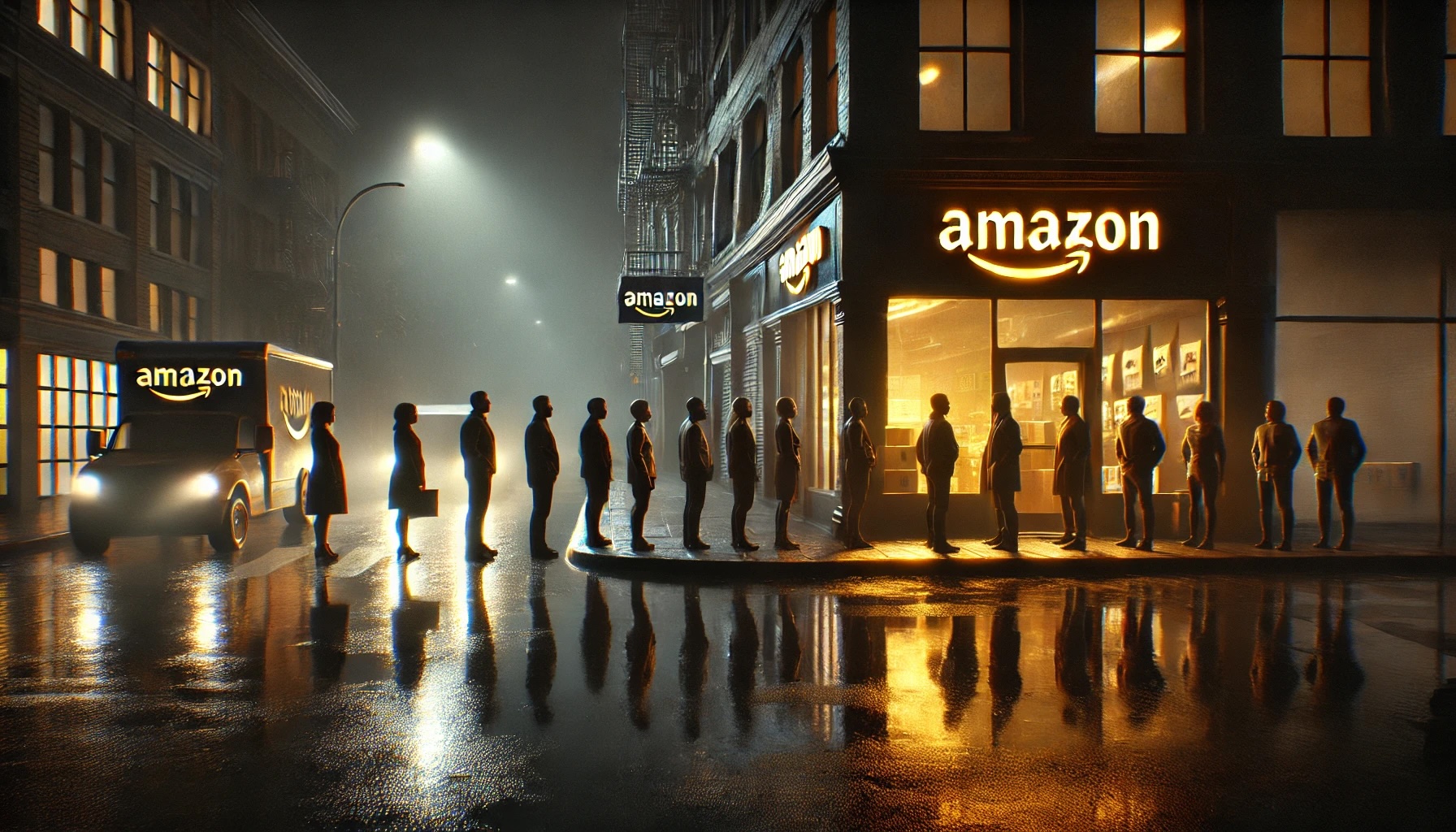 a line of realistic customers outside the small, brightly lit Amazon business on the dark street