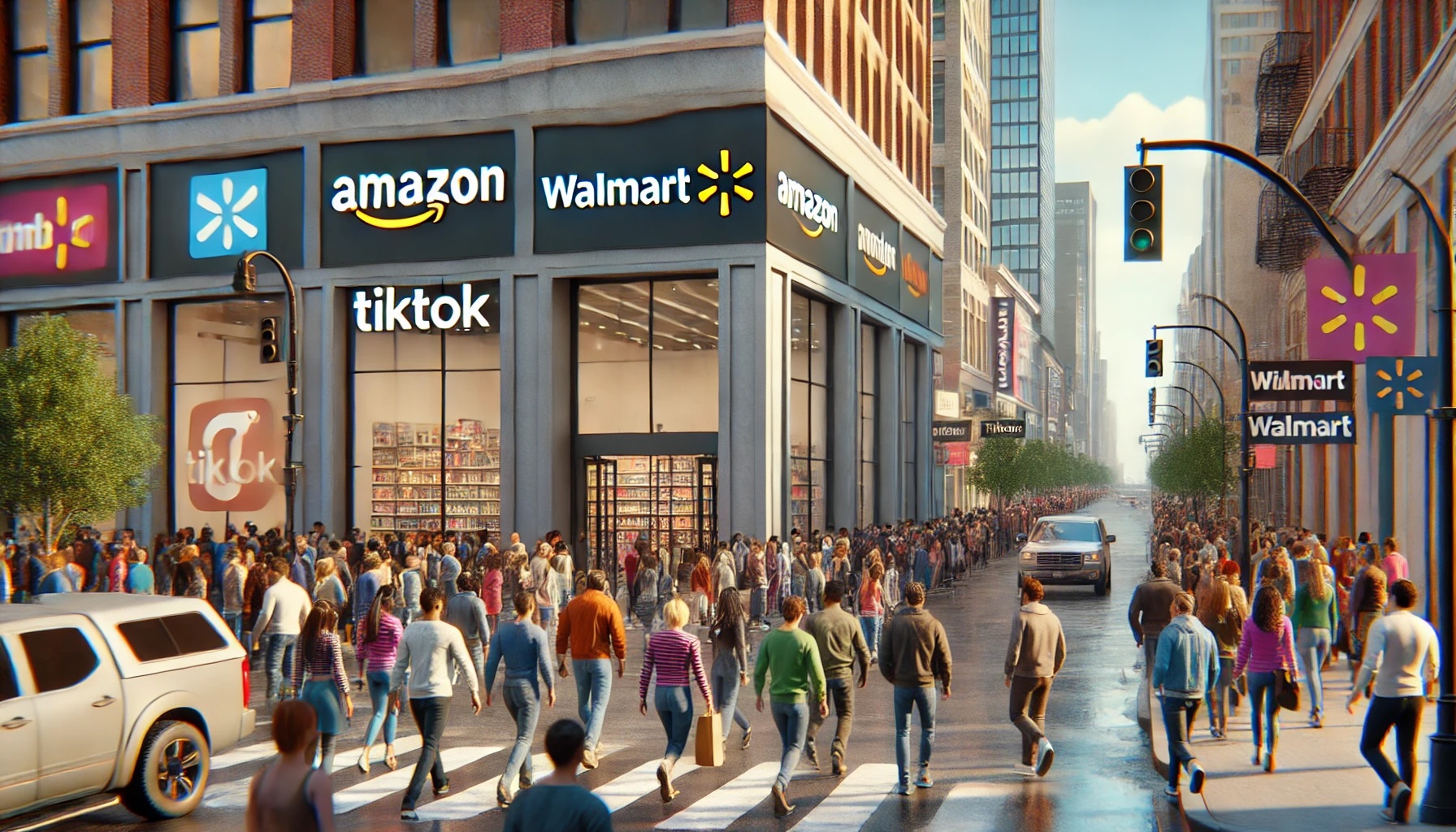 Please create a landscape mode image of a vibrant downtown city street with a line of shoppers heading into a store branded with the Amazon, Walmart and TikTok logos