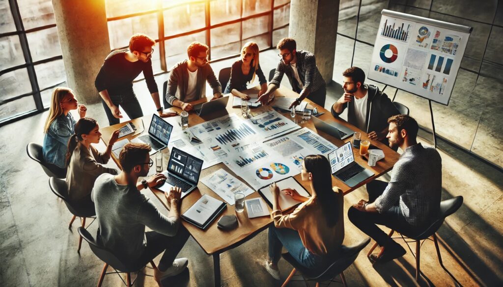  a team of entrepreneurs actively engaged in research around a table, showcasing a collaborative and innovative work session.