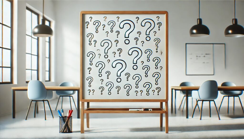 a whiteboard with question marks on it