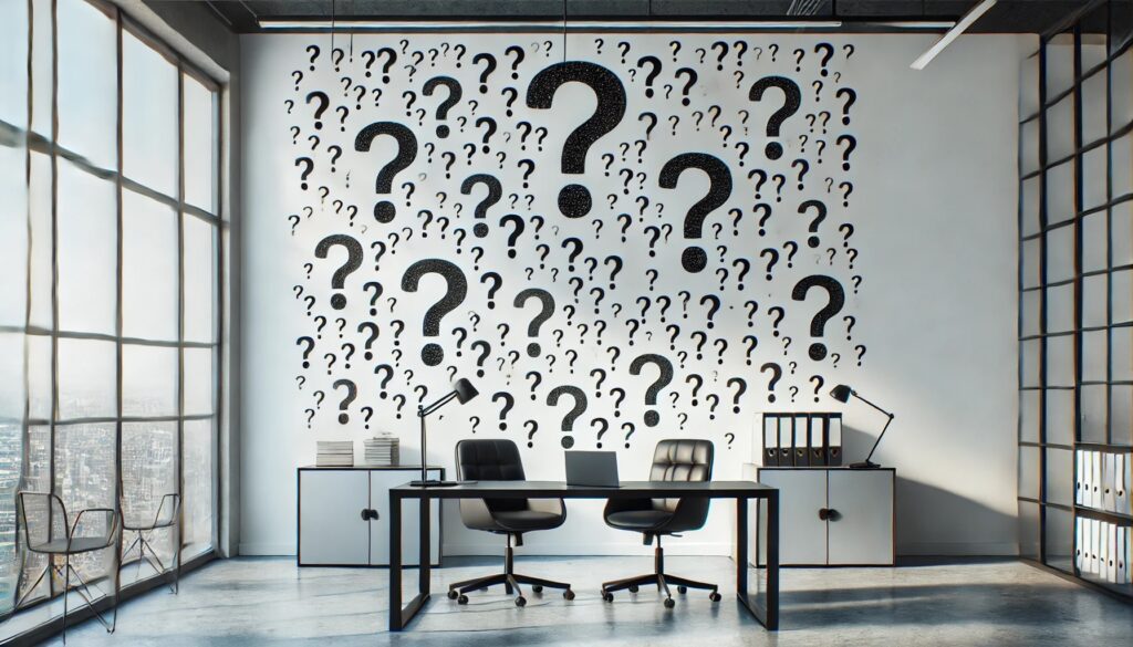 a modern office featuring a large whiteboard covered with black question marks