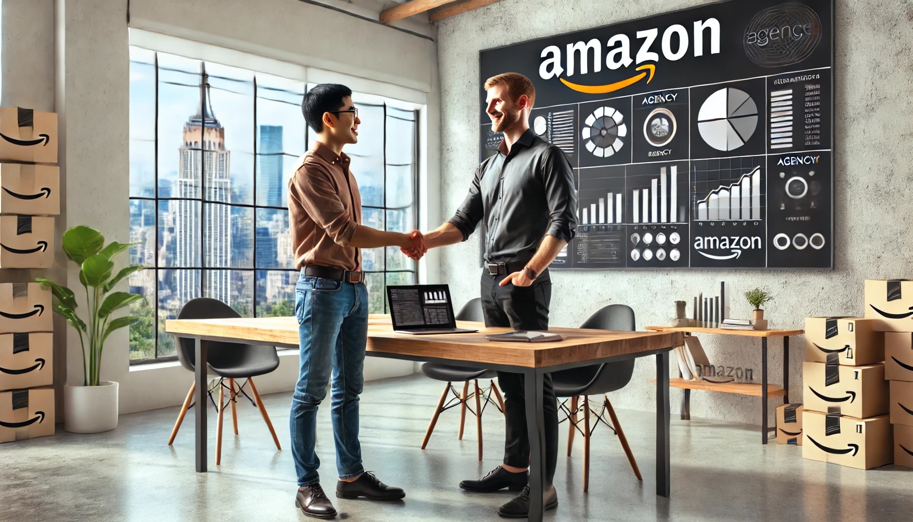 a professional Amazon seller shaking hands with an agency strategist in a collaborative, modern office setting