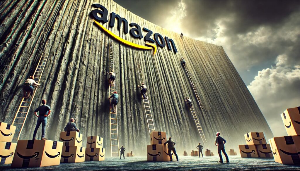 a towering wall with Amazon sellers striving to reach the top