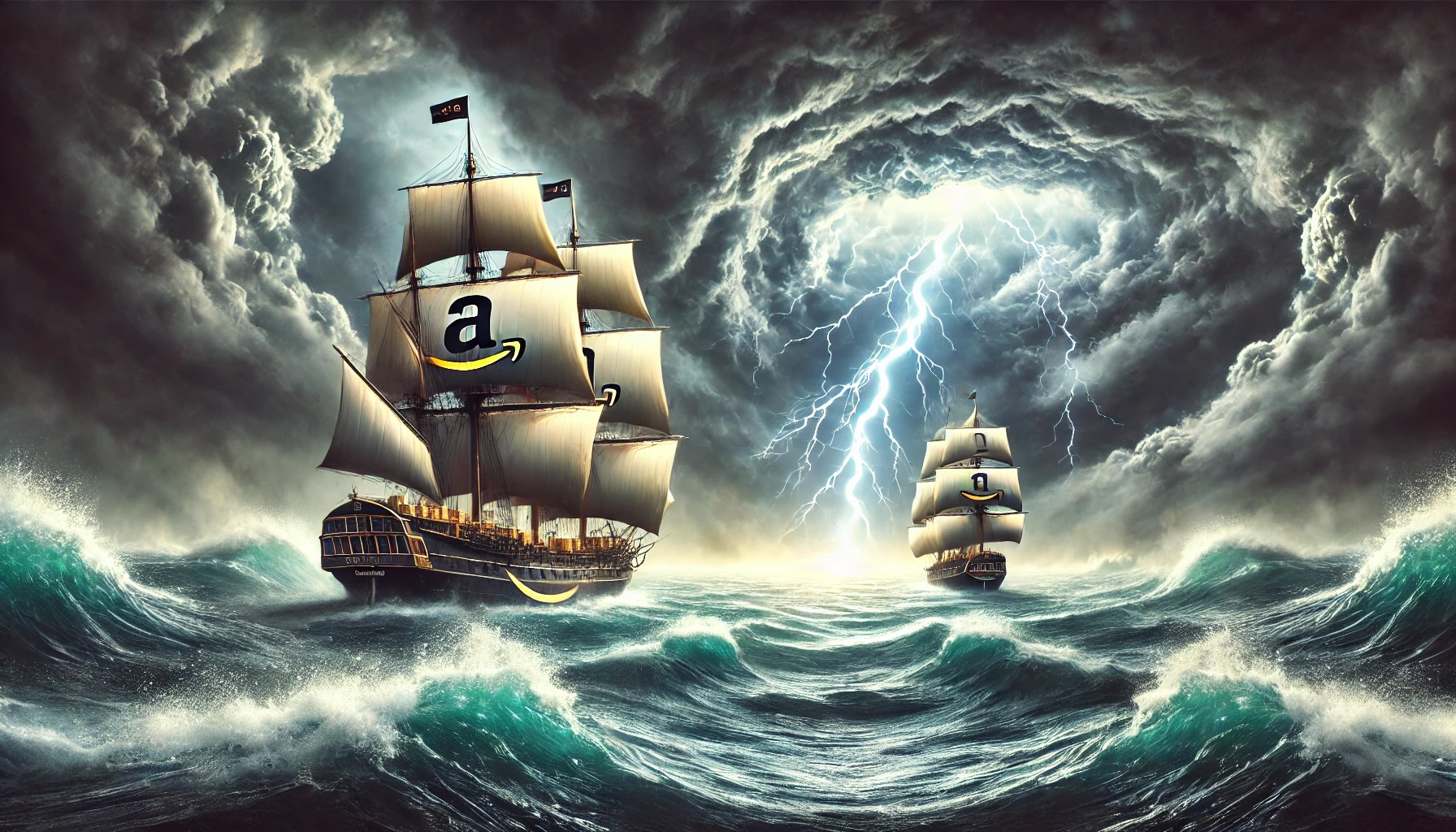 two sailing ships with Amazon logos braving a massive storm