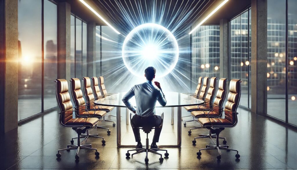  an e-commerce seller in a modern conference room, interacting with an orb of light above the table