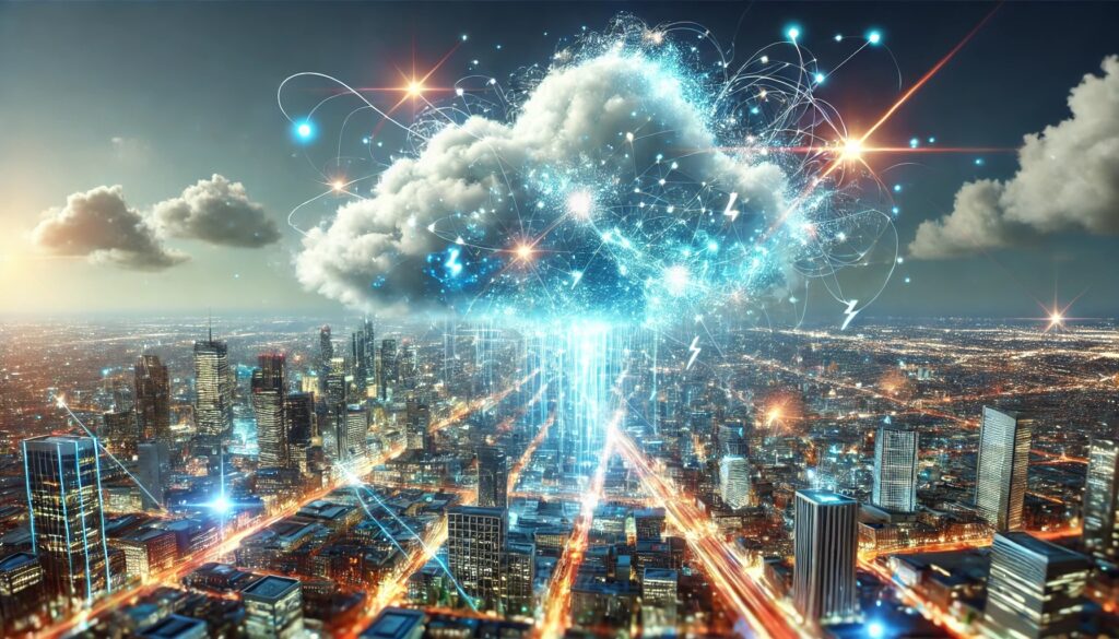 an ethereal AI cloud with dramatic lightning bolts striking into a vibrant, futuristic business district below