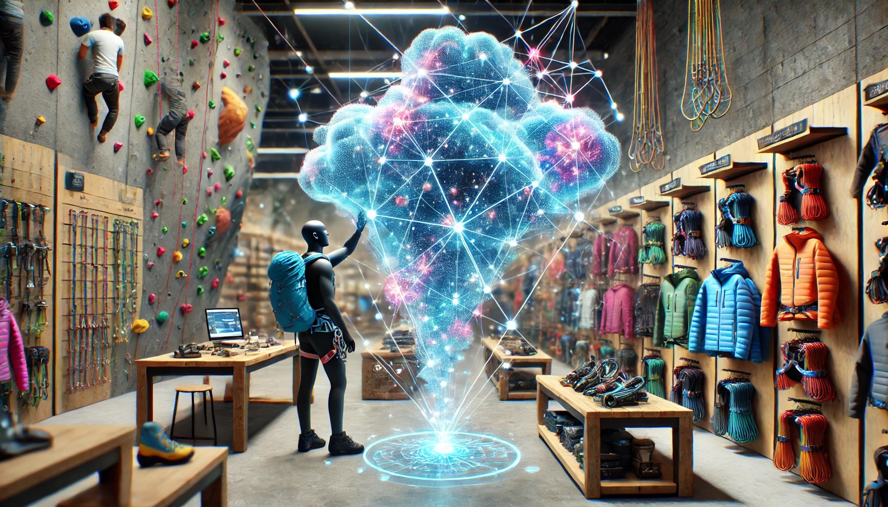 an ethereal cloud representing an advanced AI algorithm in a climbing and adventure sports store setting