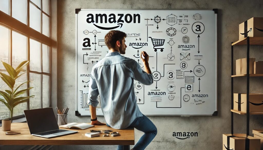 An Amazon expert planning a strategy on a whiteboard, emphasizing creativity and strategic thinking