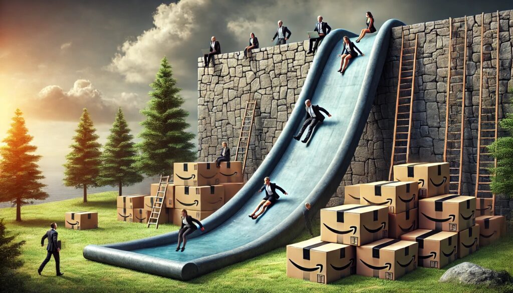 playful scene of Amazon sellers joyfully sliding down the other side of a tall stone wall with Amazon boxes scattered around the base 