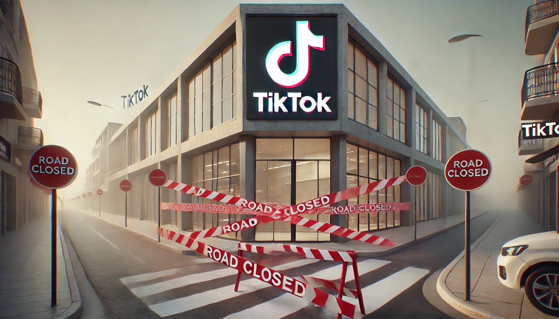 a store with the TikTok logo and red "Road Closed" tape wrapped around it.