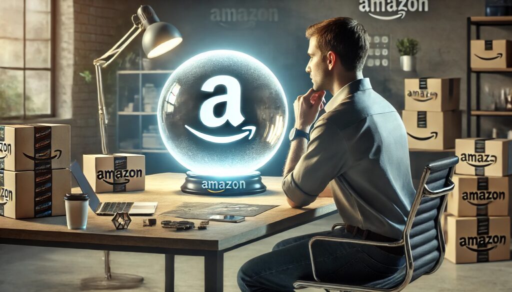 An Amazon expert looking into a large glowing crystal ball, emphasizing strategic vision and forecasting